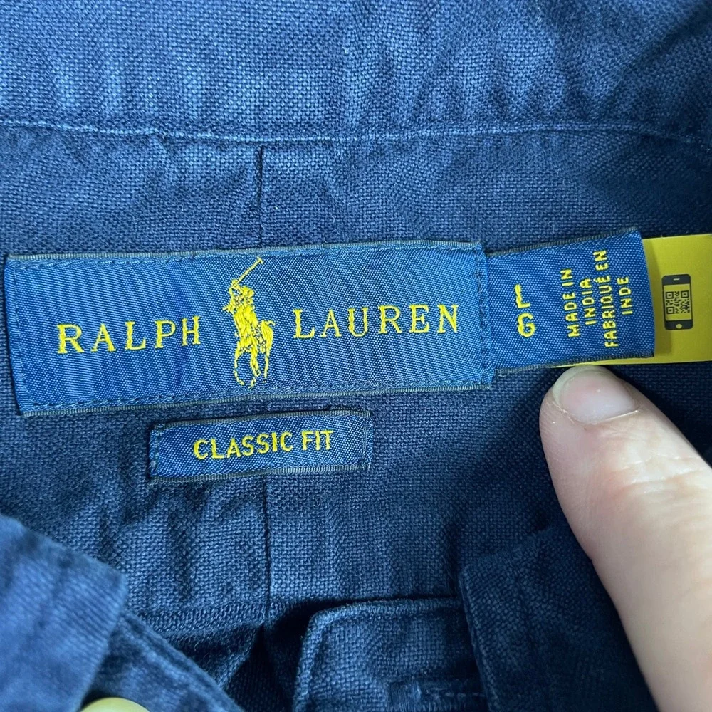 Ralph Lauren Button Down Shirt Mens L Navy Blue Classic Fit Short Sleeve Pony